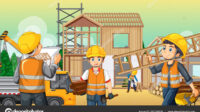 building construction site with workers